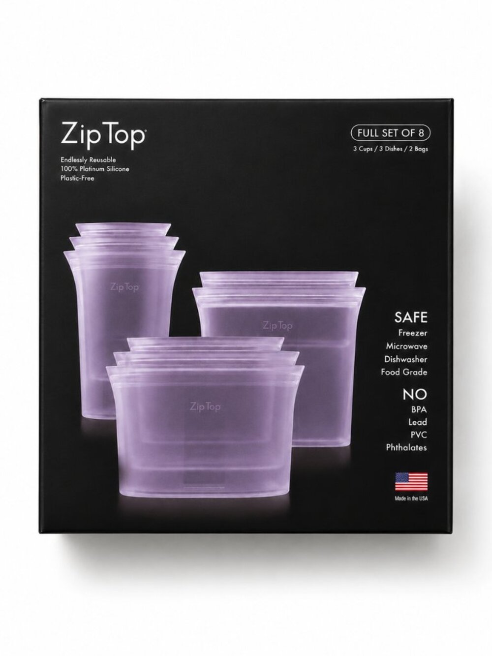 Zip Top Set of 8 Platinum Silicone Reusable Bags Assorted New in Box Lavender